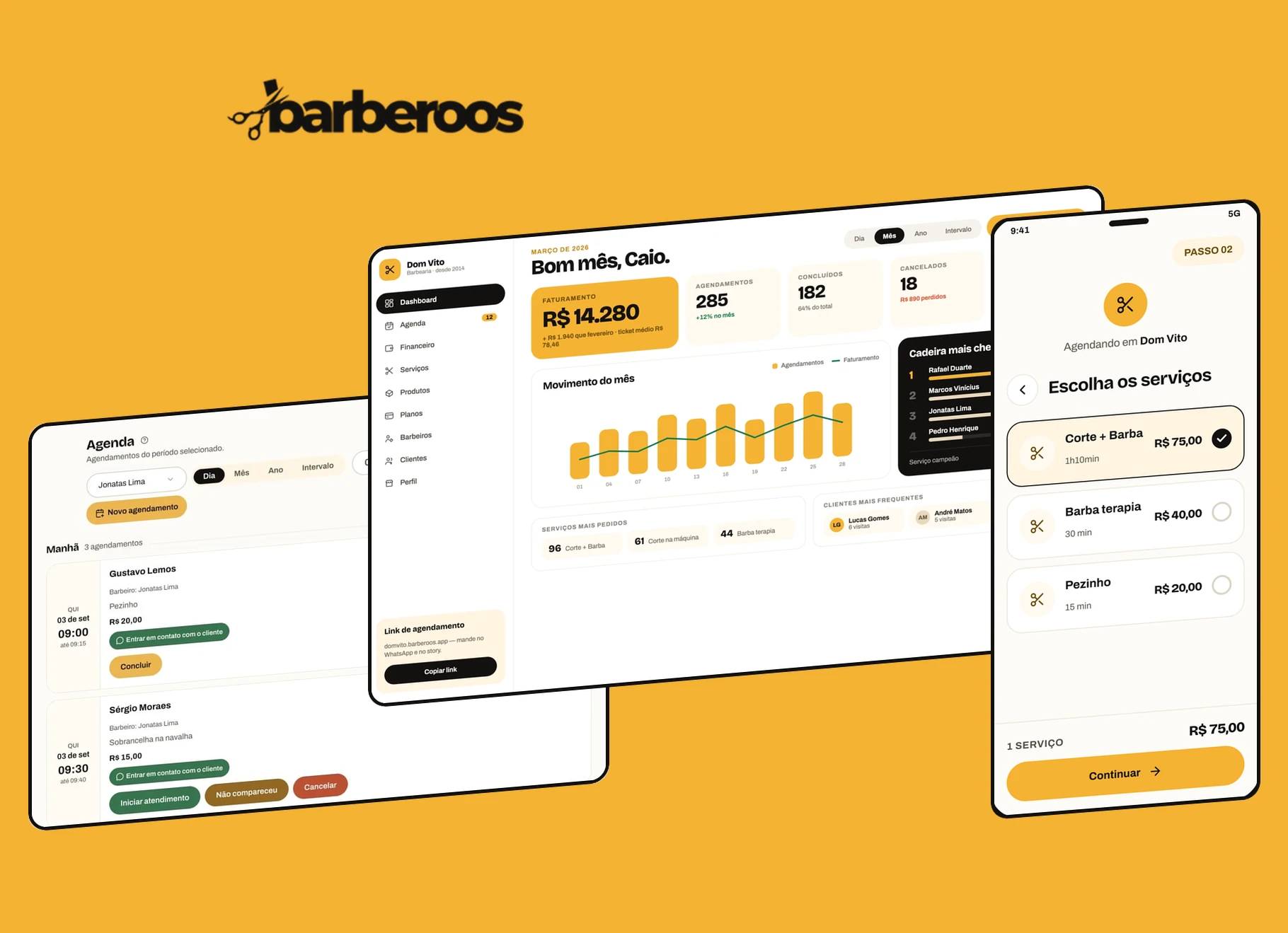 Telas do sistema Barberoos: agenda, dashboard e agendamento do cliente